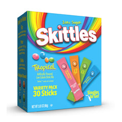 SINGLES TO GO Skittles tropical flavors box for on-the-go refreshment.