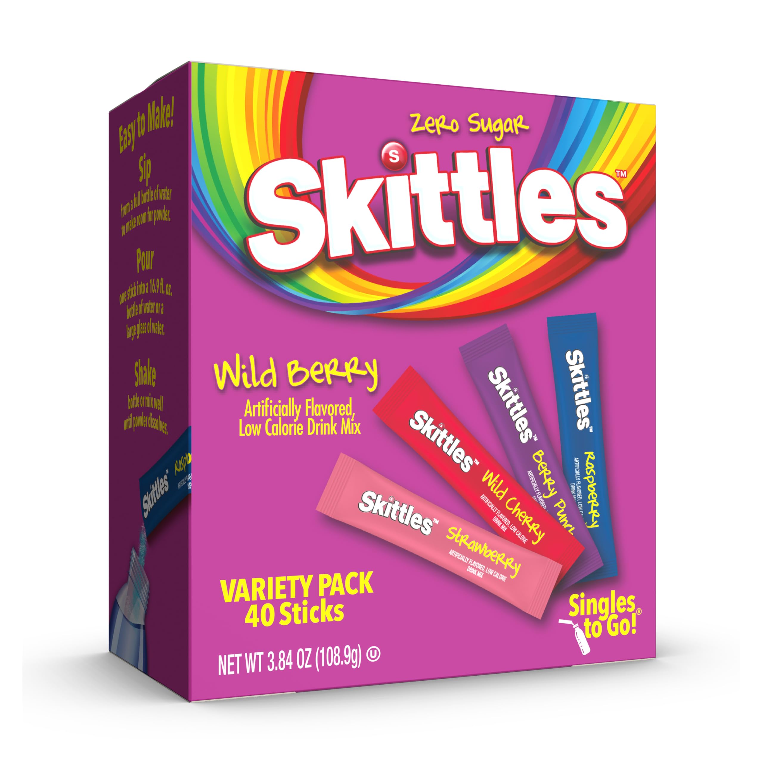SINGLES TO GO Skittles Wild Berry sticks box for on-the-go flavor.