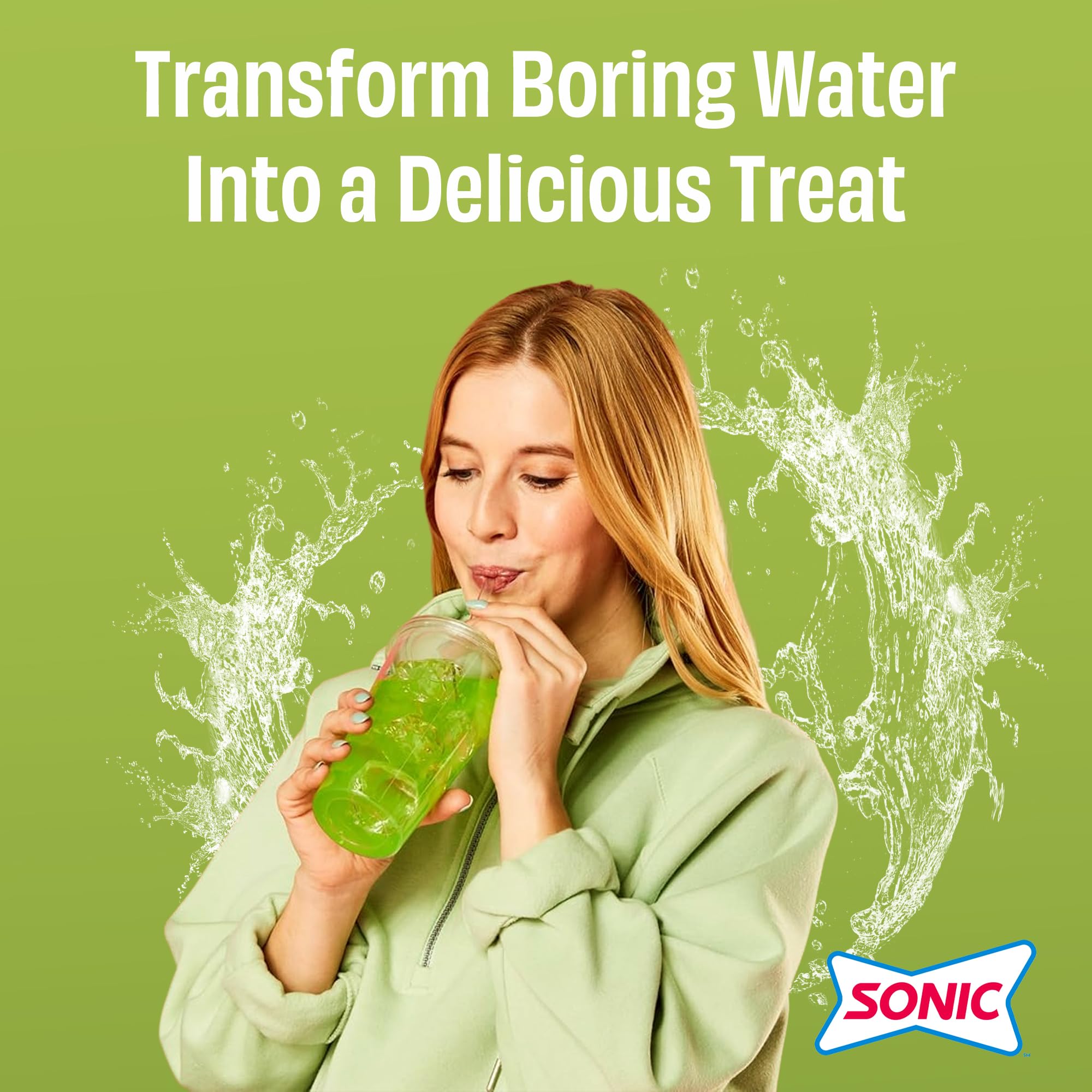 Pour a Sonic Limeade packet into water and shake for flavor.