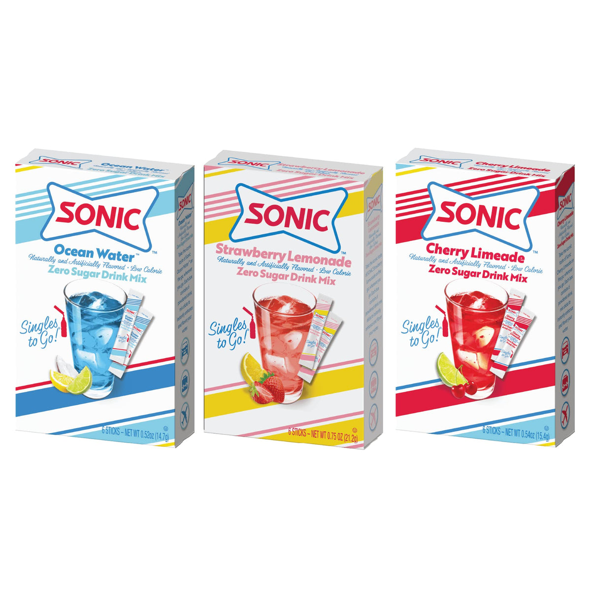 SINGLES TO GO! Sonic Variety Pack box front with six flavor sticks for easy hydration.