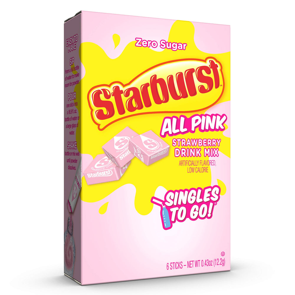 Starburst Singles To Go strawberry dissolving in water in a refreshing glass.