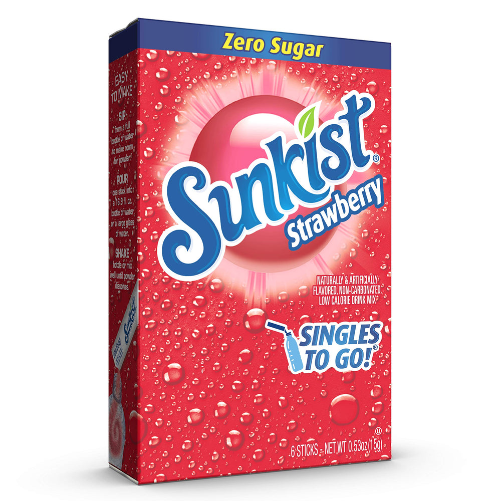 SINGLES TO GO Sunkist drink mix poured into water for quick flavor.