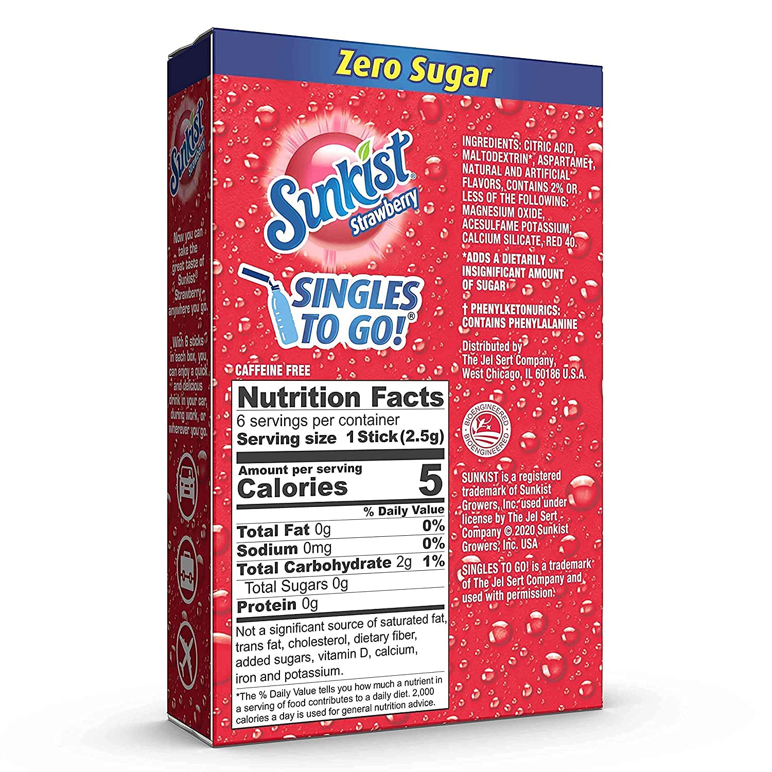 SINGLES TO GO! Sunkist Strawberry packets image shows portable 18-pack convenience for travel.