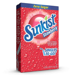 SINGLES TO GO! Sunkist Strawberry packaging highlights on-the-go hydration potential.