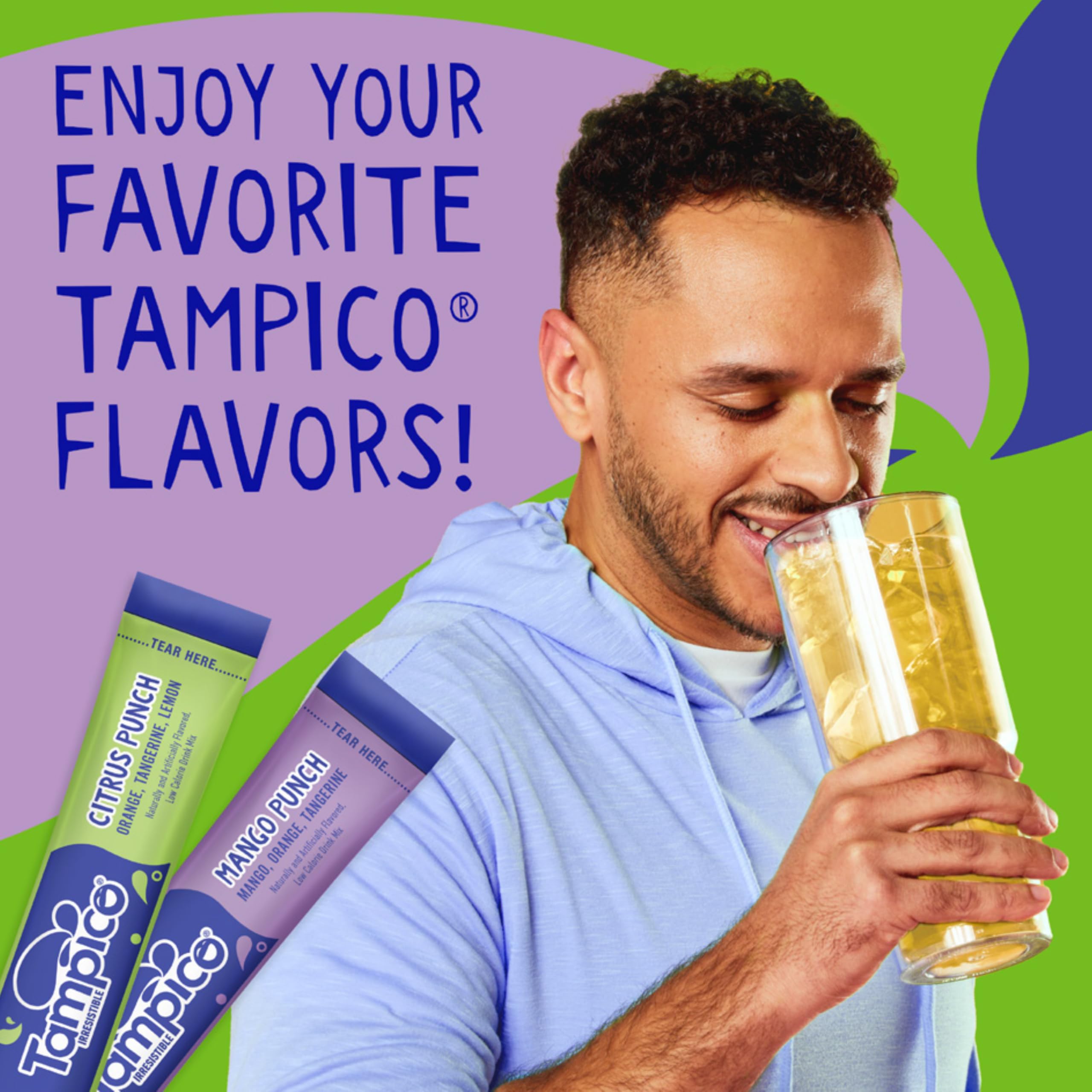 Packaging front of Singles To Go Tampico Mango Punch showing zero sugar claim.
