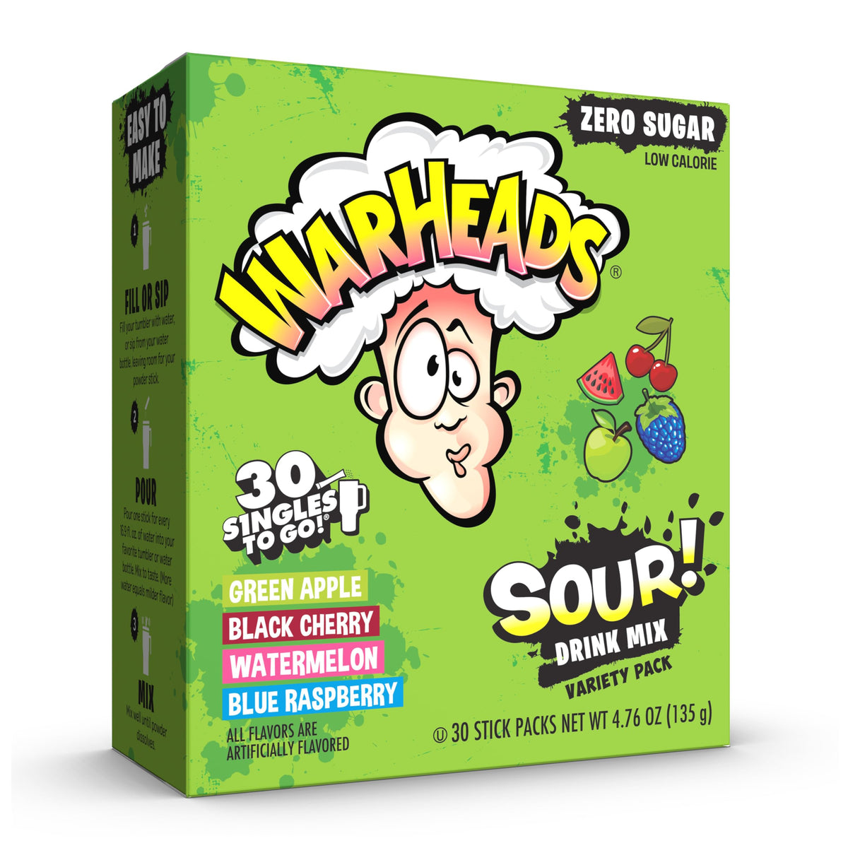 SINGLES TO GO Warheads Sour Green Apple stick for zero-sugar hydration on the go.