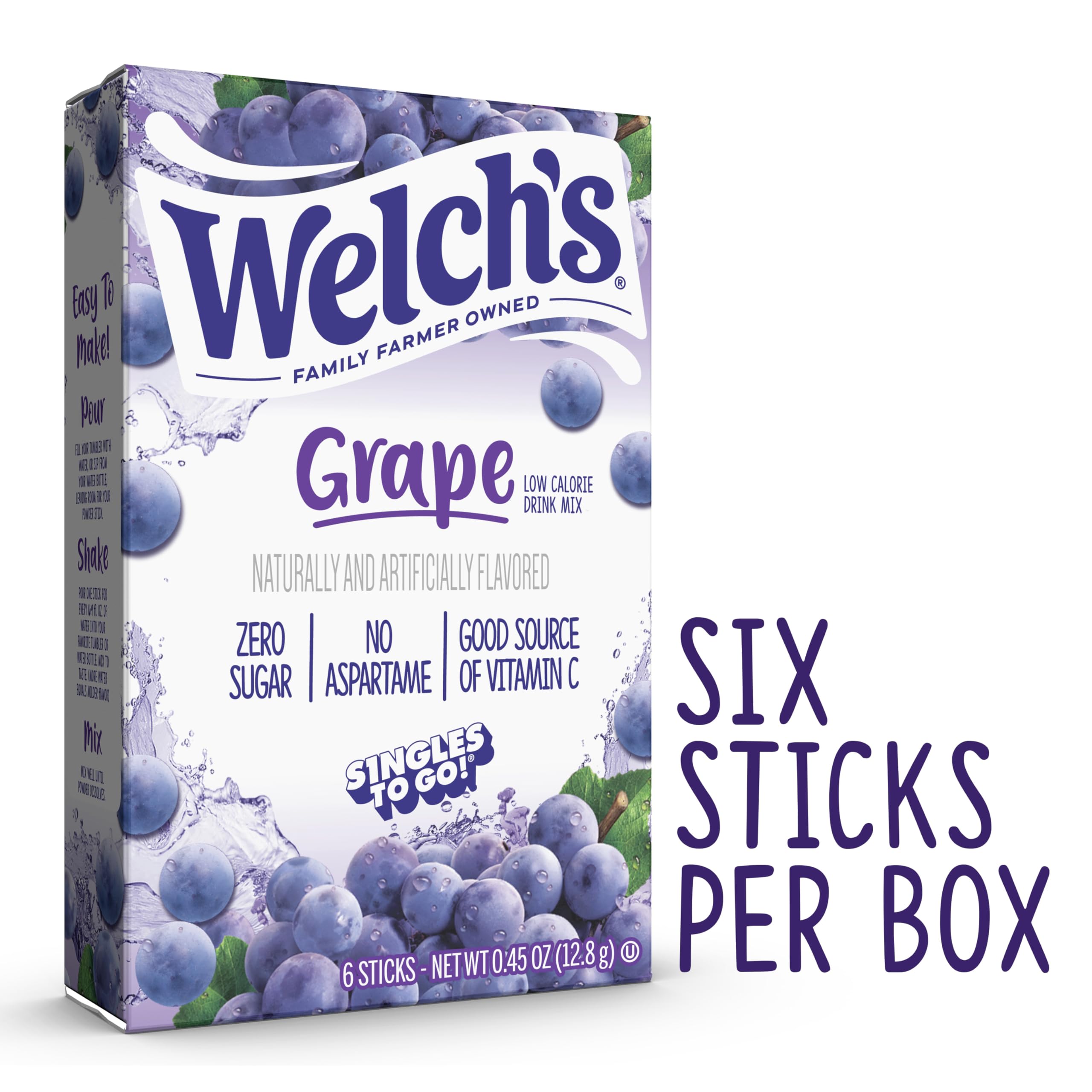 Welch's grape powder dissolves quickly in water for a refreshing sip.