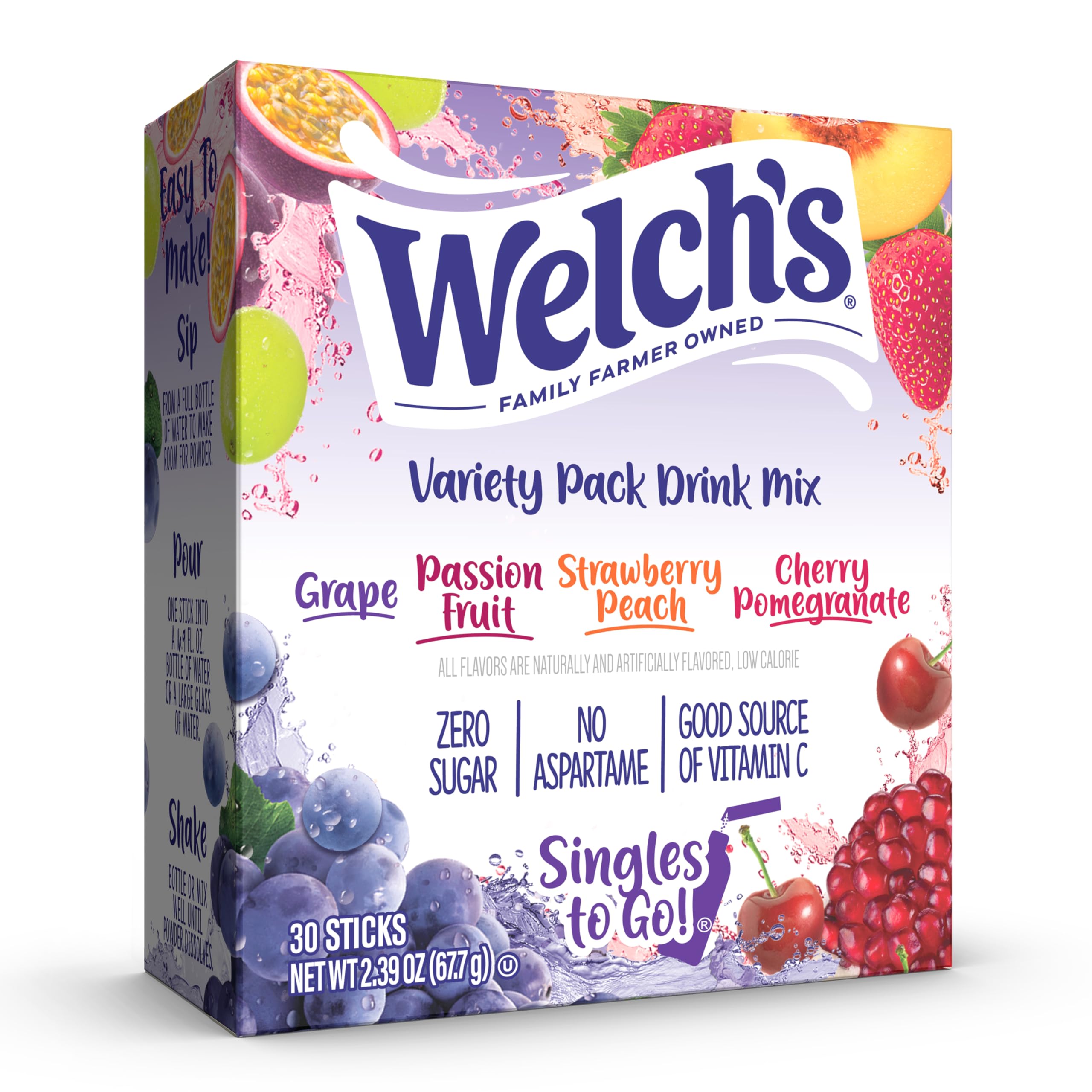 Welch's Singles To Go! variety pack box front—ideal for lunchboxes and on-the-go hydration.