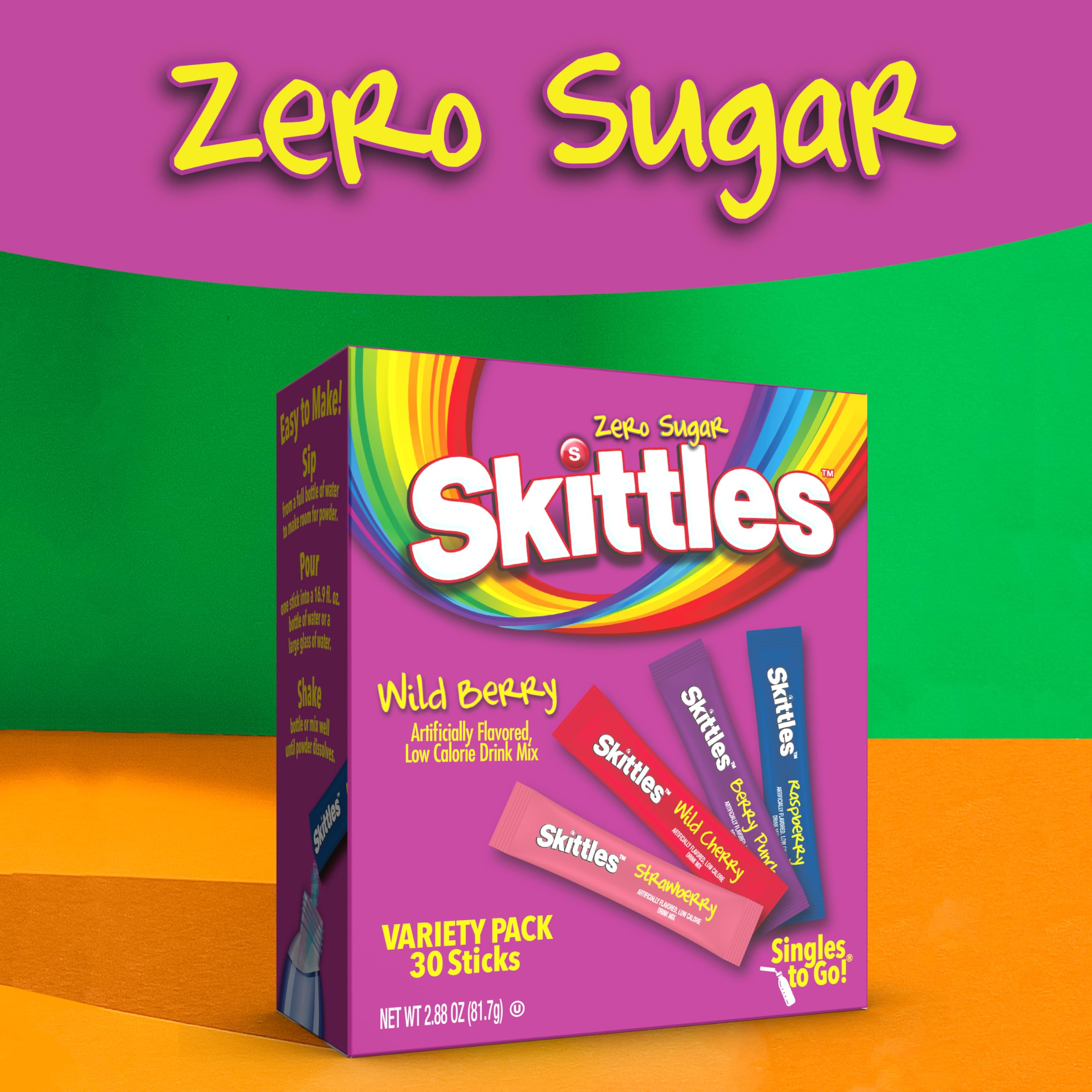 Four wild berry flavors from Skittles Singles To Go on display for versatile taste options