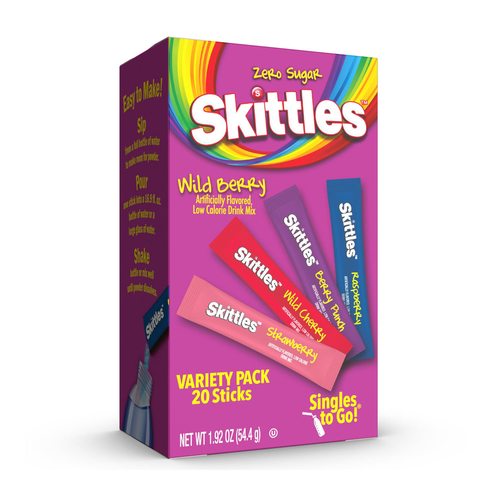 SINGLES TO GO Skittles Wild Berry sticks beside water for zero-sugar refreshment.