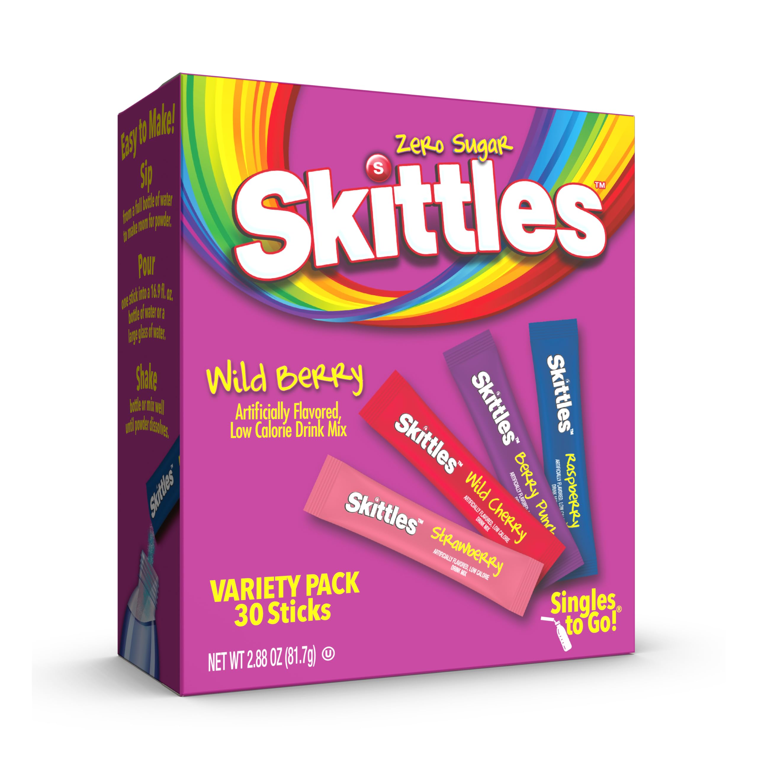 Skittles Singles To Go Wild Berry box front showing four flavors for on-the-go hydration with zero sugar
