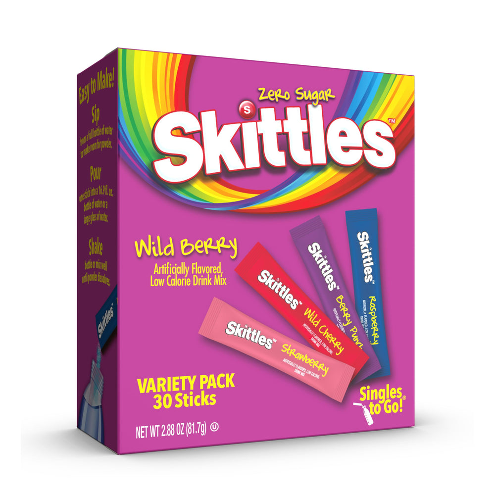 Skittles Singles To Go Wild Berry box front showing four flavors for on-the-go hydration with zero sugar