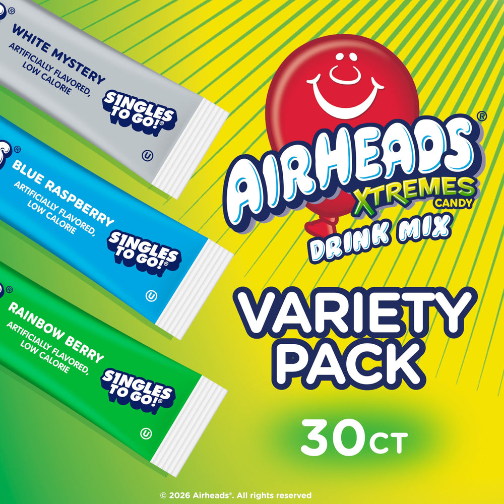 SINGLES TO GO Airheads Xtreme White Mystery packet flavors water on the go.