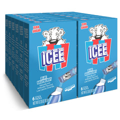 SINGLES TO GO! ICEE blue raspberry box front with six-packet packs for quick flavor.