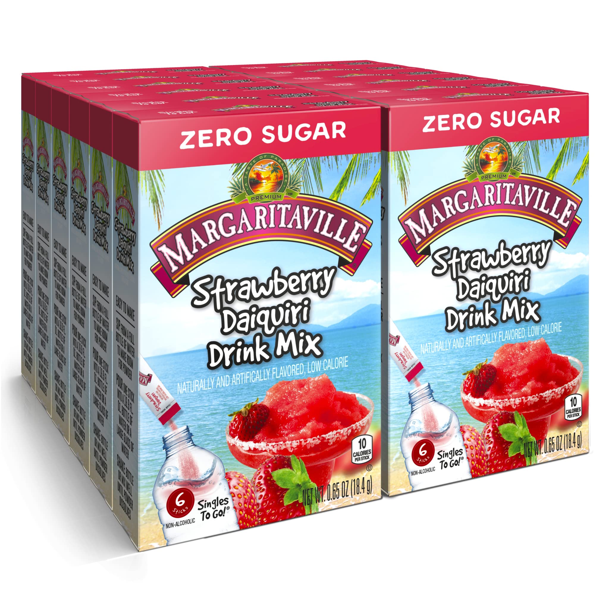 SINGLES TO GO Margaritaville strawberry daiquiri stick dissolving in water for a refreshing drink