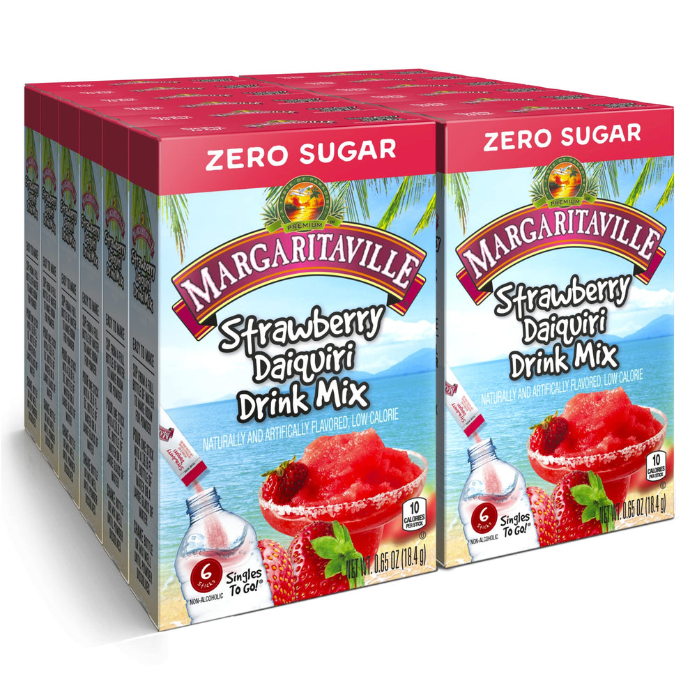 SINGLES TO GO Margaritaville strawberry daiquiri stick dissolving in water for a refreshing drink