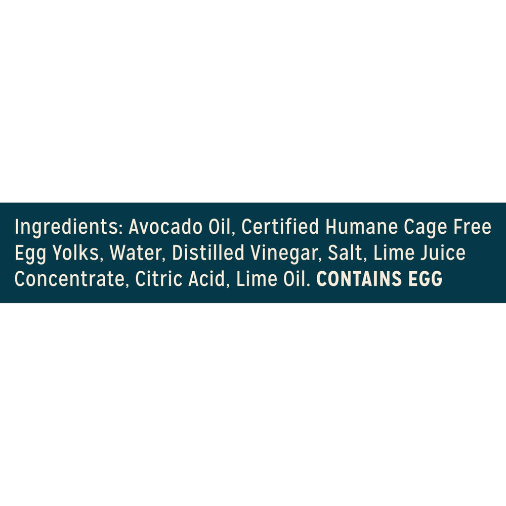 Label close-up featuring avocado oil mayo and lime squeeze.