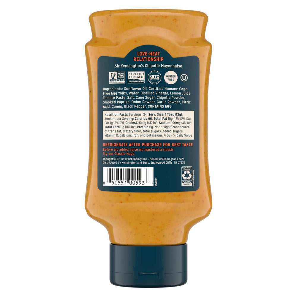 Sir Kensington's Chipotle Mayo bottle label indicates Gluten Free and Non-GMO verified.