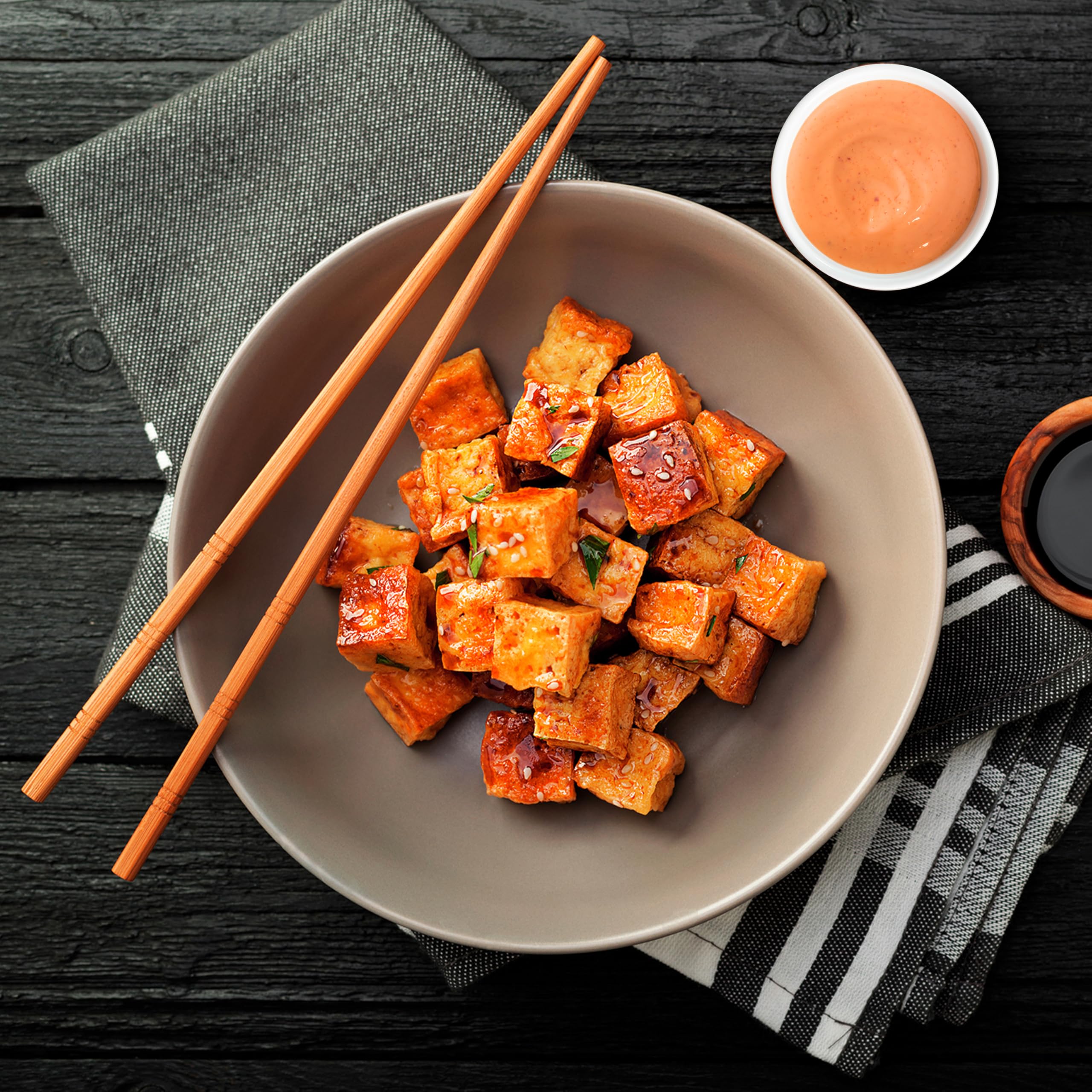 Dinner setup featuring Sir Kensington's Everything Sauce Hibachi Yum Yum for dipping and dressing.