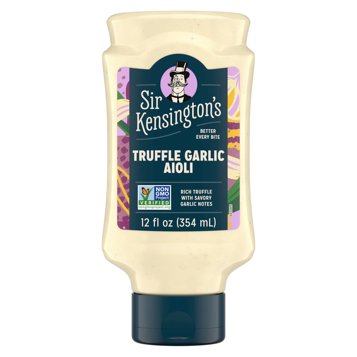 Sir Kensington's Truffle Garlic Aioli bottle close-up shows premium flavor aroma