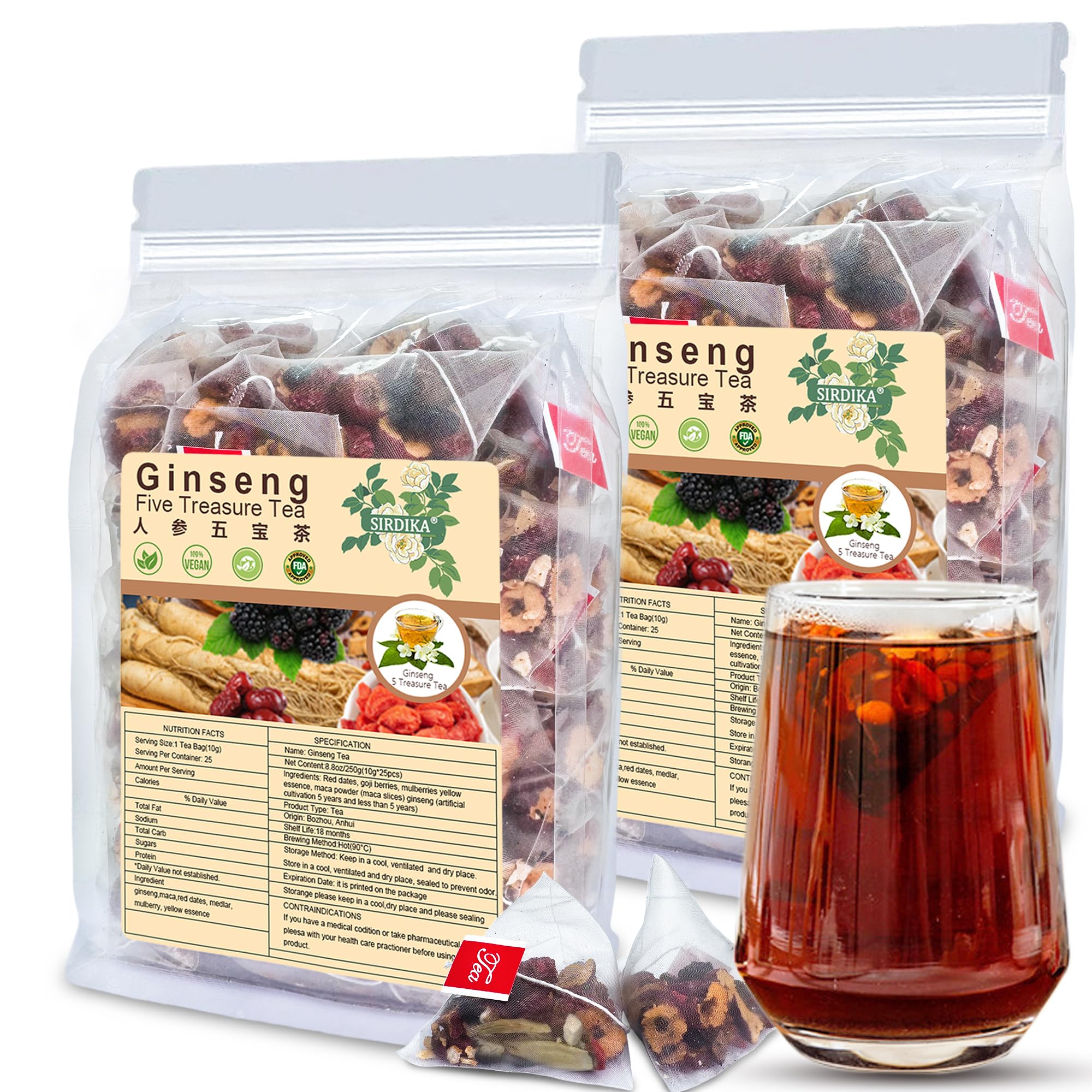 SIRDIKA ginseng five treasures tea bag in cup with rich color for daily energy boost.