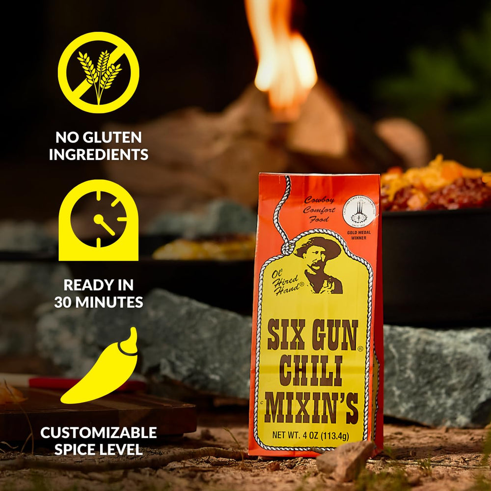Six Gun Chili Mixin’s bowl of chili simmering with spices and rich aroma.