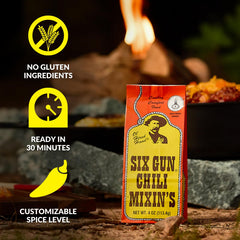Six Gun Chili Mixin’s bowl of chili simmering with spices and rich aroma.