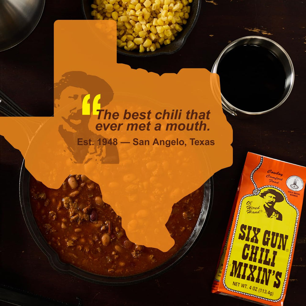 Six Gun Chili Original Mixin's spice blend in a jar for hearty chili.
