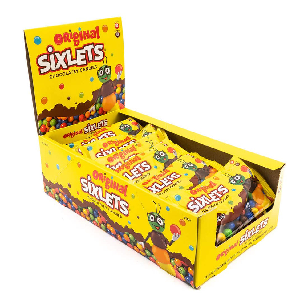 Sixlets Original chocolate candy box 24-pack on display, ideal party favors.