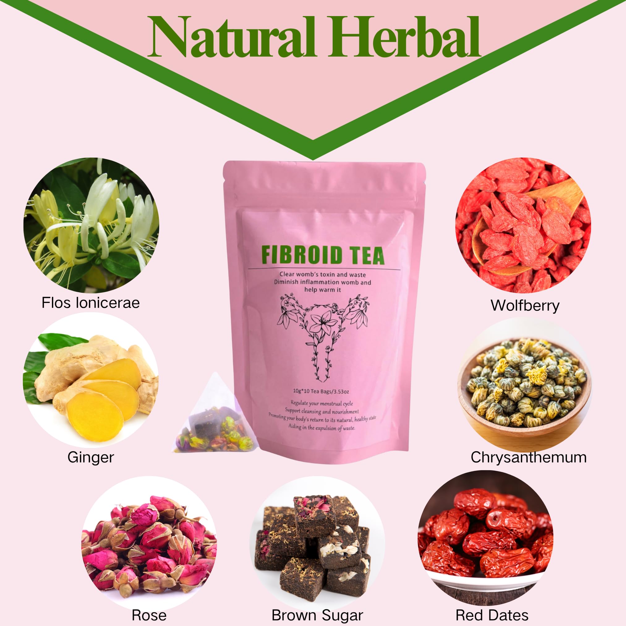 Siyolaherb Fibroid Tea six-herb blend on the label for fertility-friendly wellness.