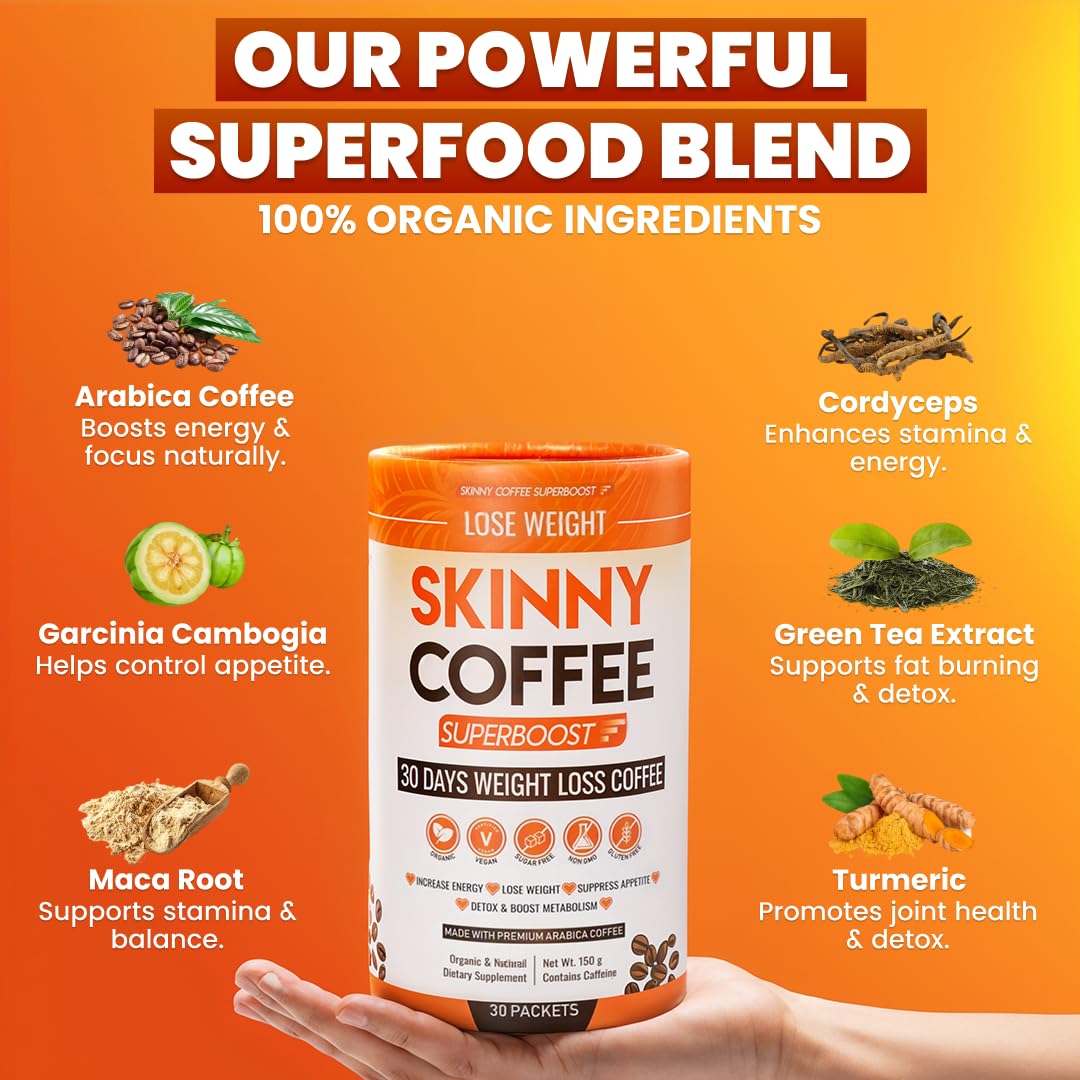 Skinny Coffee SuperBoost with green tea blend for digestion support.