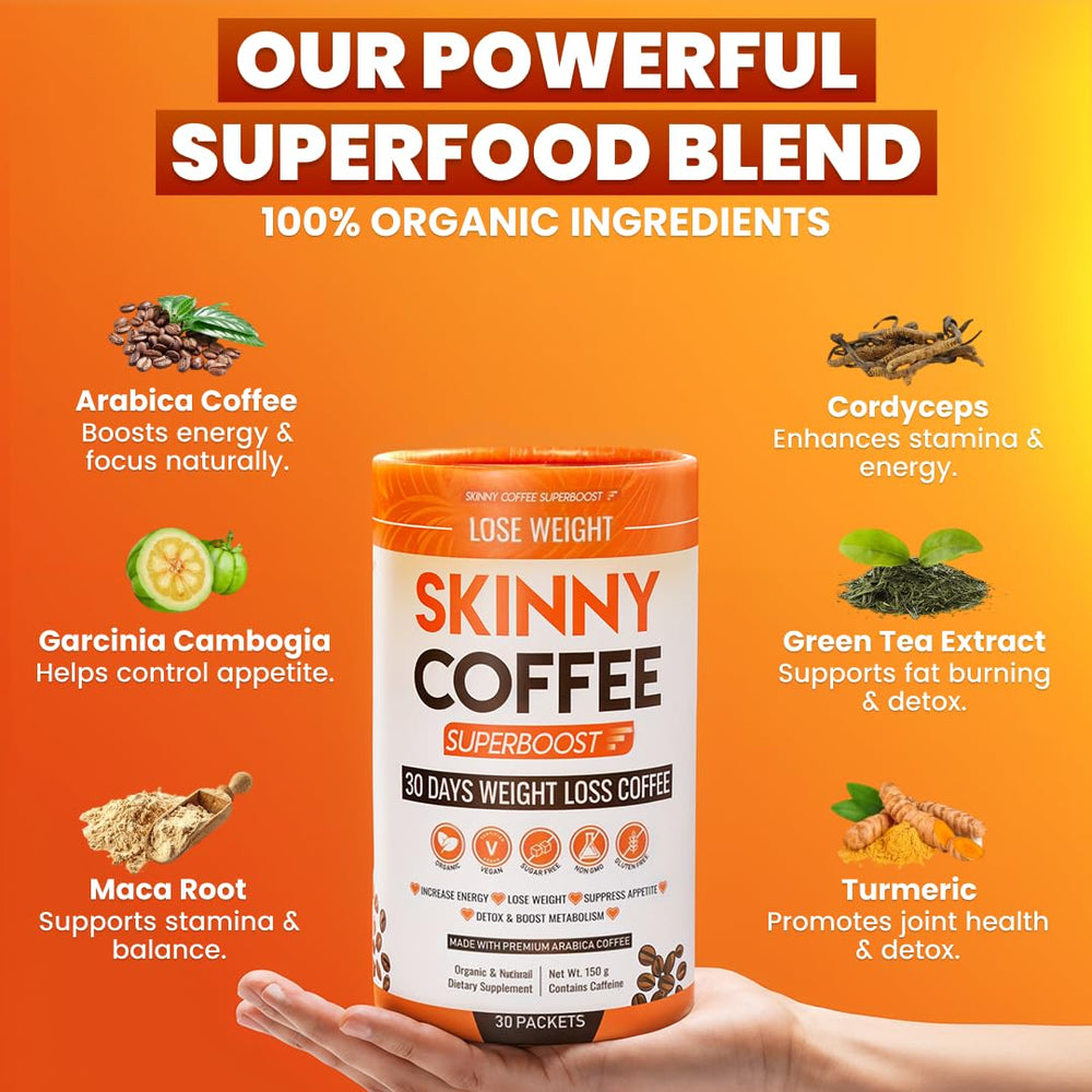 Skinny Coffee SuperBoost with green tea blend for digestion support.