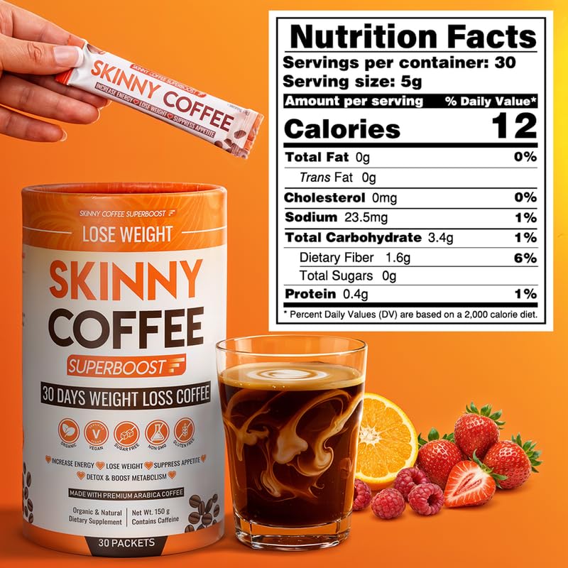 Close-up of Skinny Coffee SuperBoost label showing quality standards.