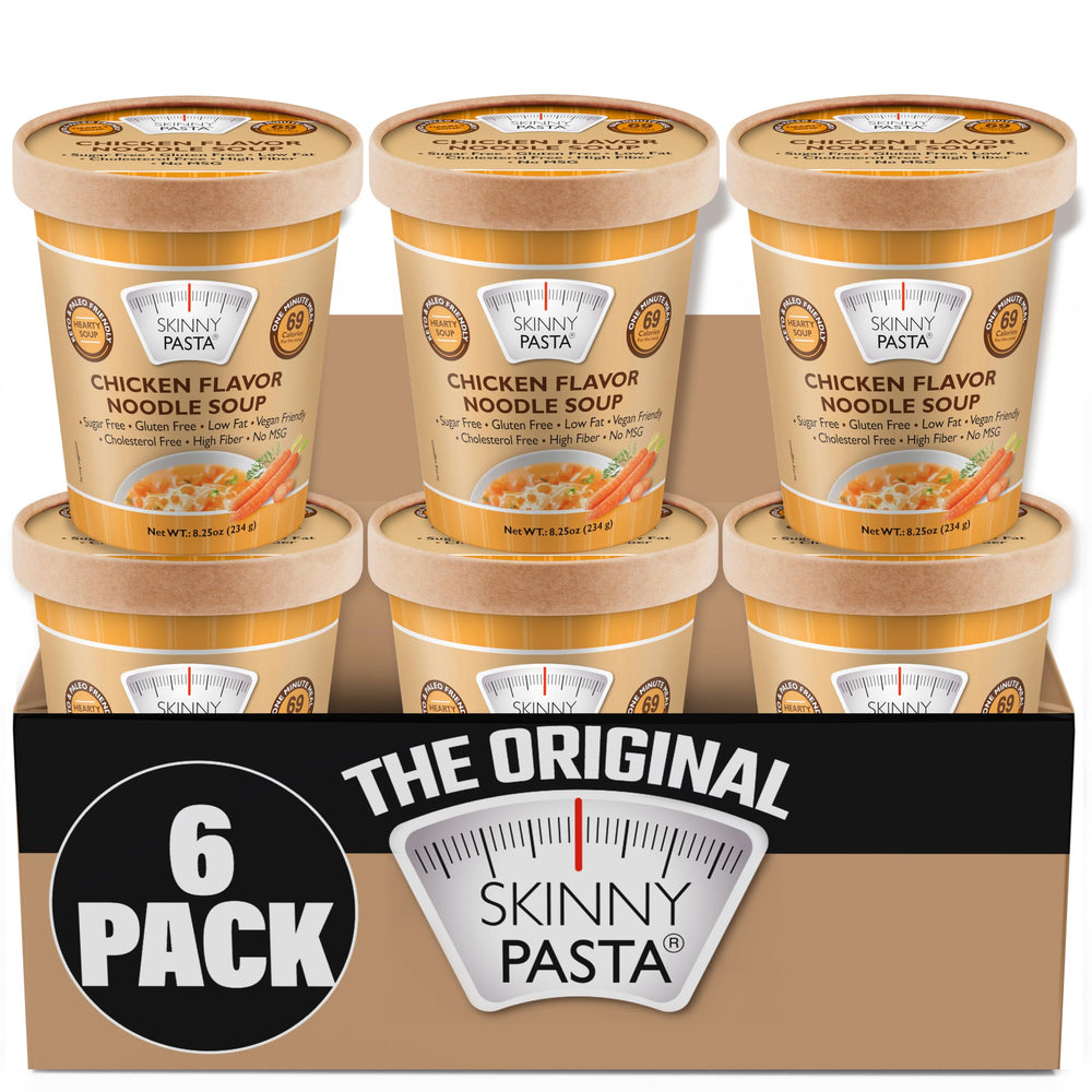 Skinny Pasta Chicken Soup cup with konjac noodles for a convenient, low-calorie meal.