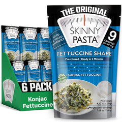 Skinny Pasta Fettuccine pack shows gluten-free, low-calorie konjac noodles.