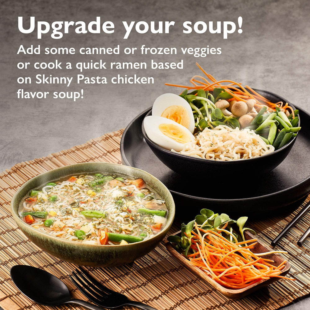 Skinny Pasta gluten-free soup with keto-compatible noodles.