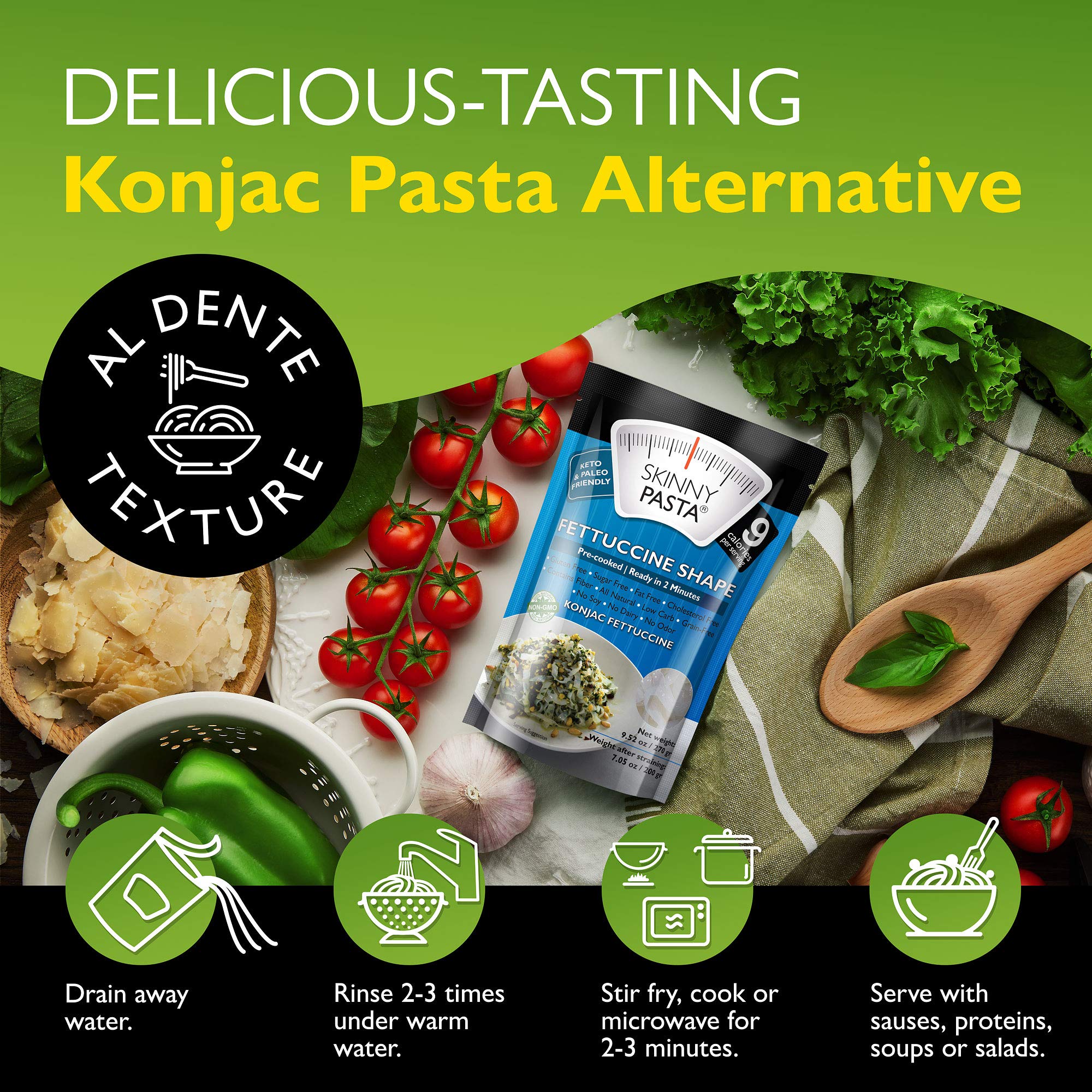 Skinny Pasta konjac noodles absorbing sauce and liquid in dish.