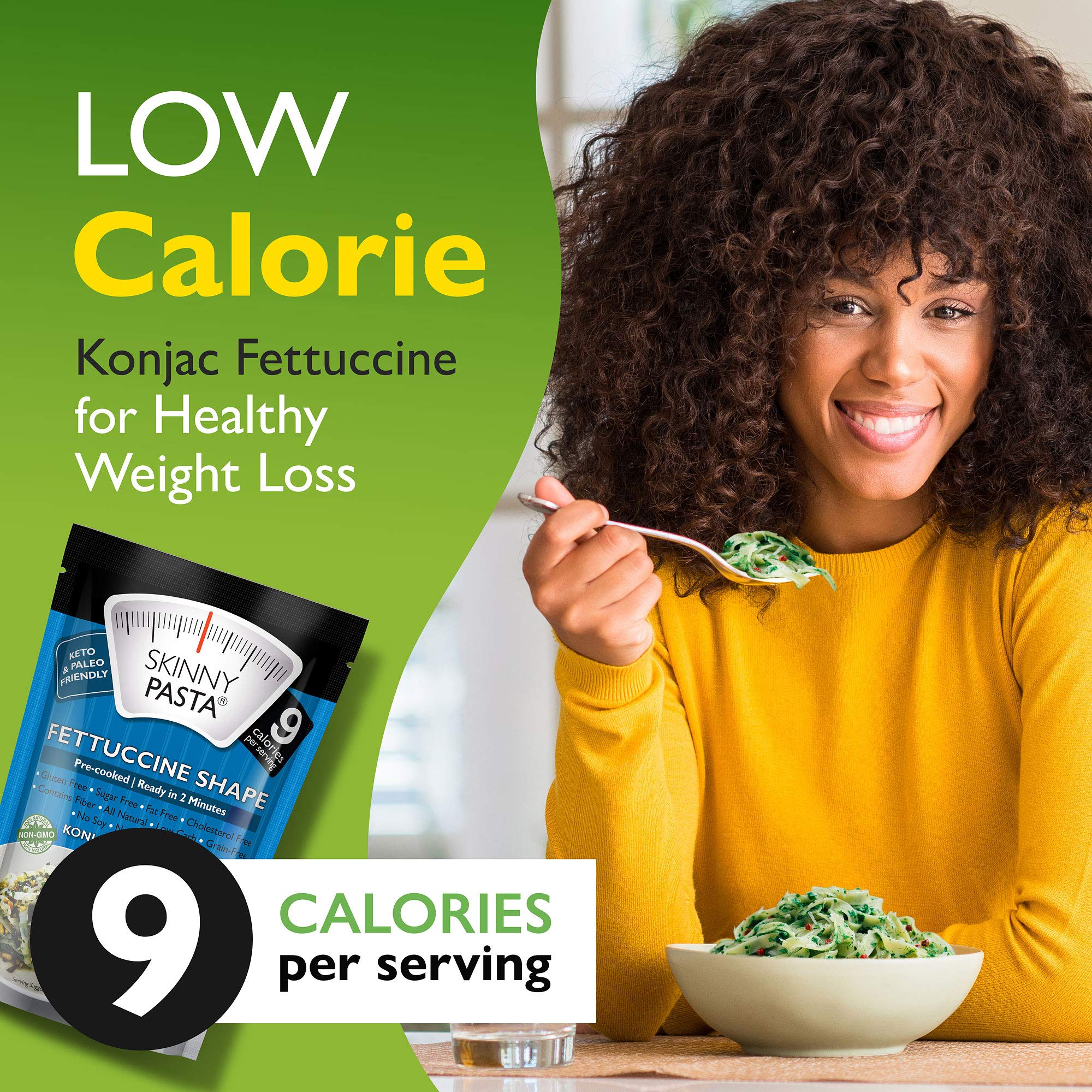 Skinny Pasta packaging with nutrition label highlighting gluten-free option.