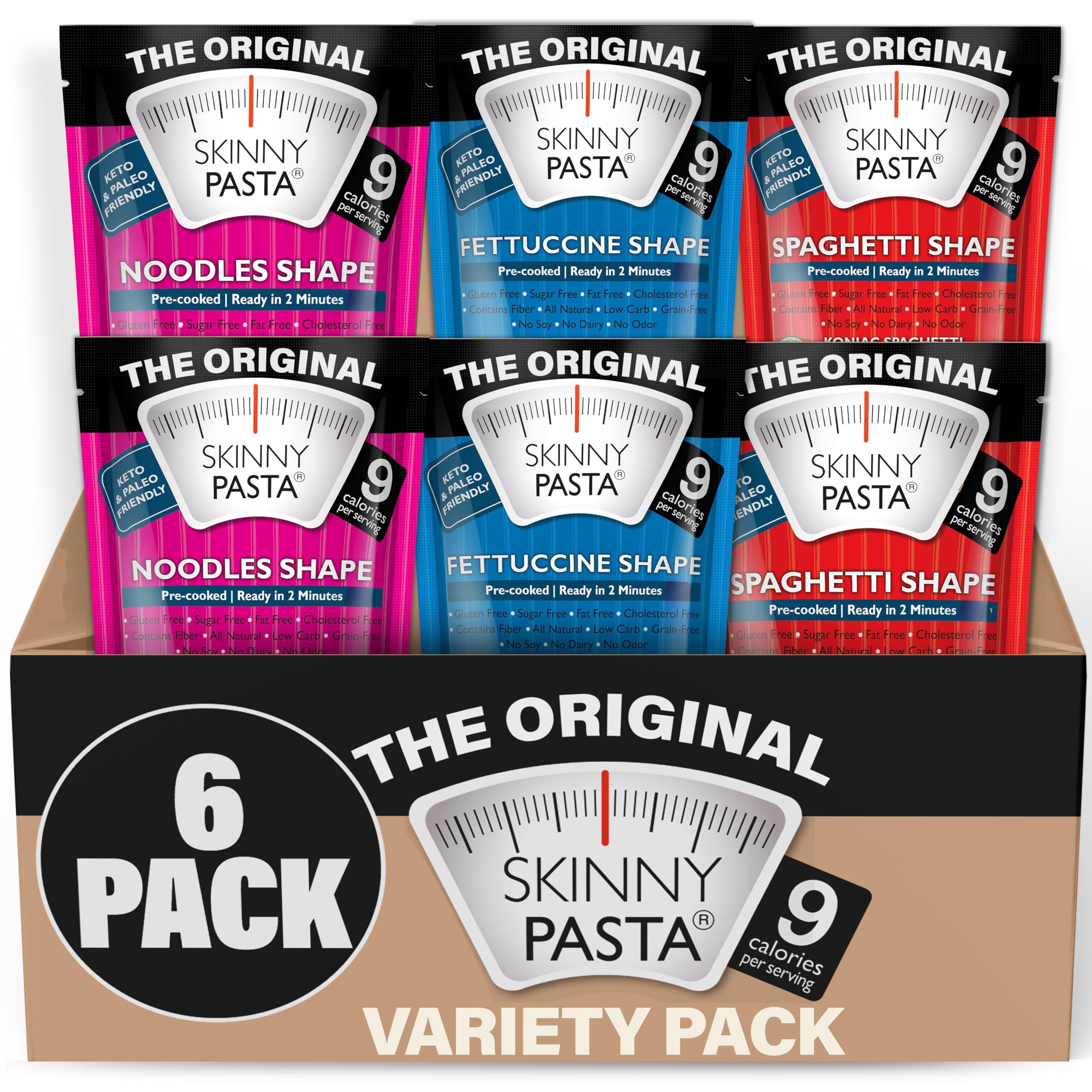 Skinny Pasta Variety Pack packaging showcases gluten-free, low-calorie konjac options.