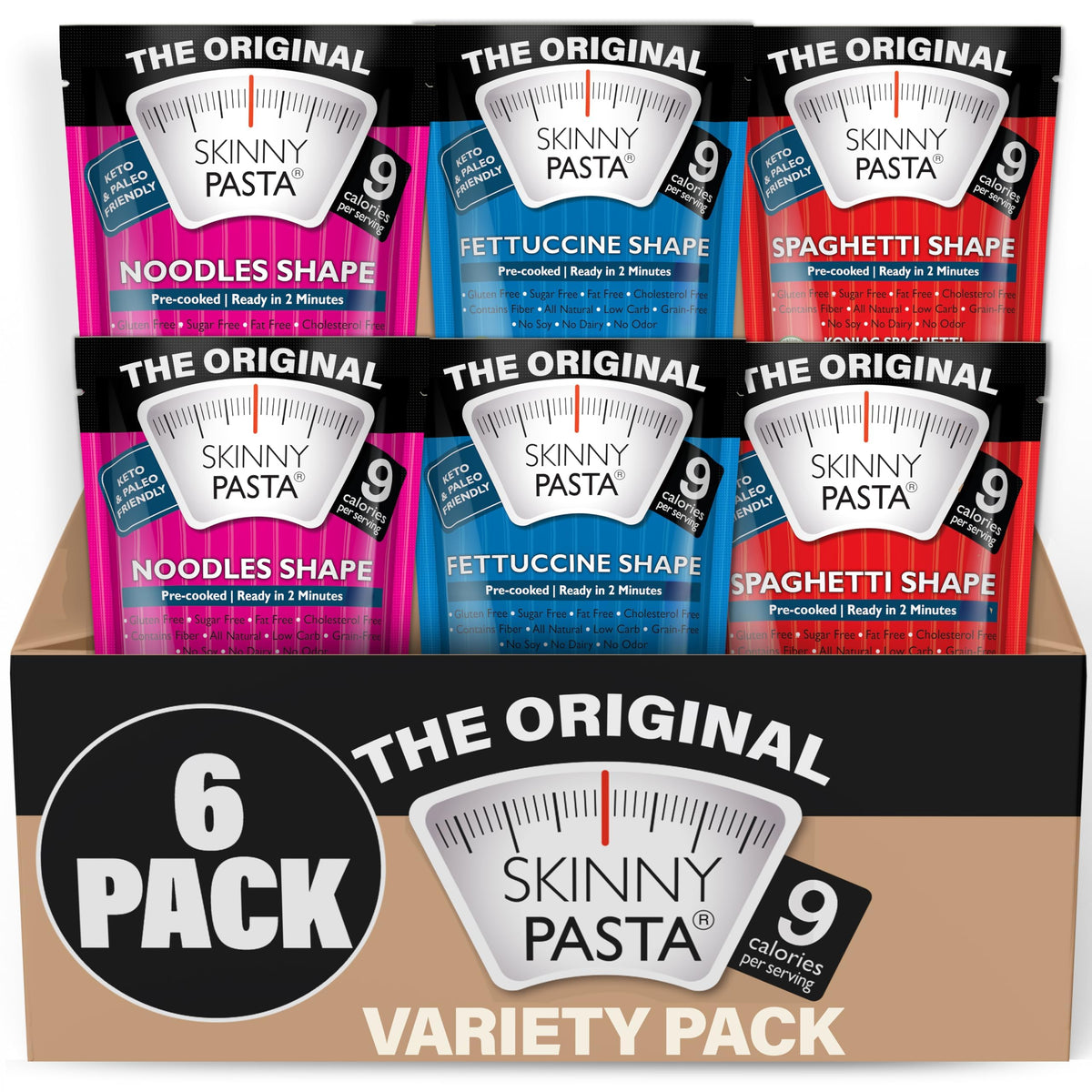 Skinny Pasta Variety Pack packaging showcases gluten-free, low-calorie konjac options.