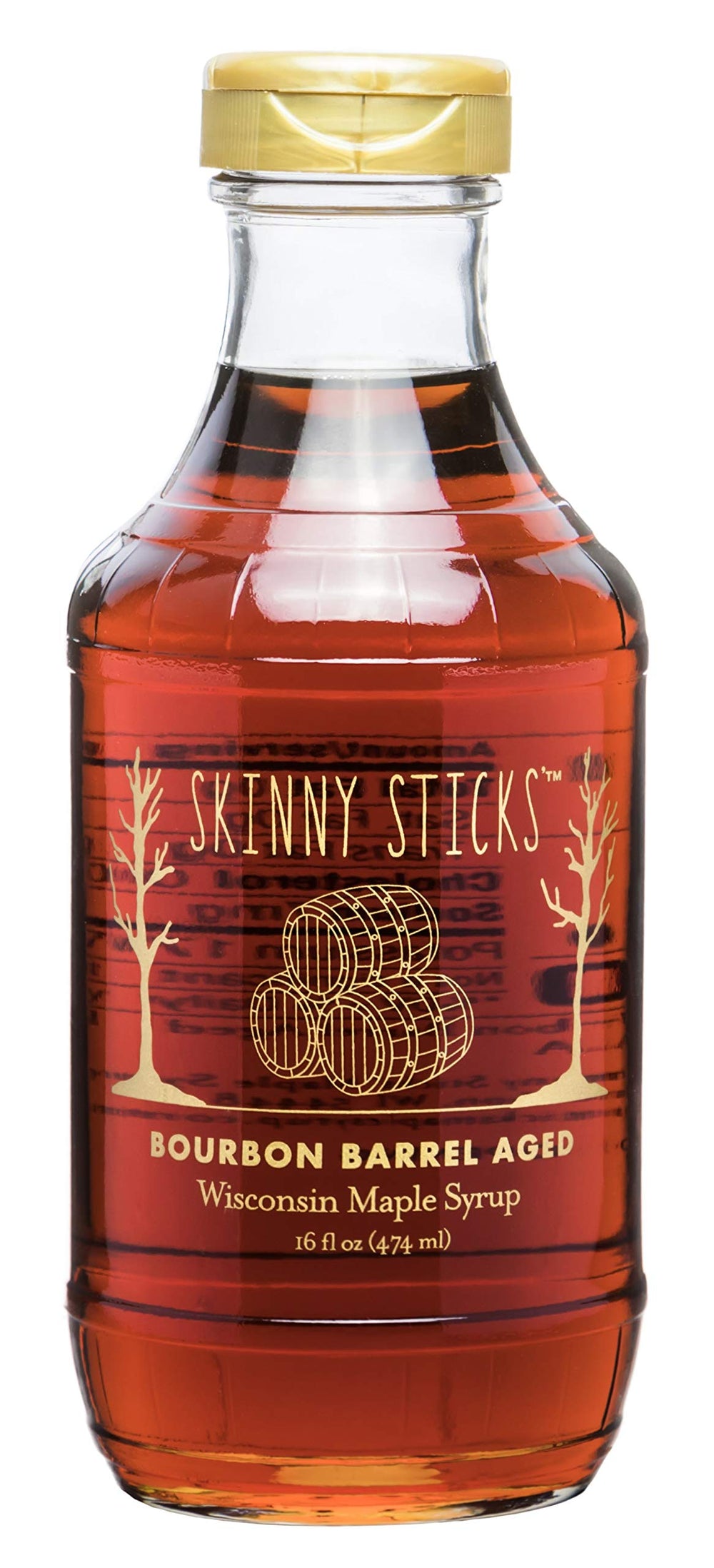Skinny Sticks Kentucky Bourbon Barrel Aged Maple Syrup bottle with smoky aroma and glaze-worthy flavor.