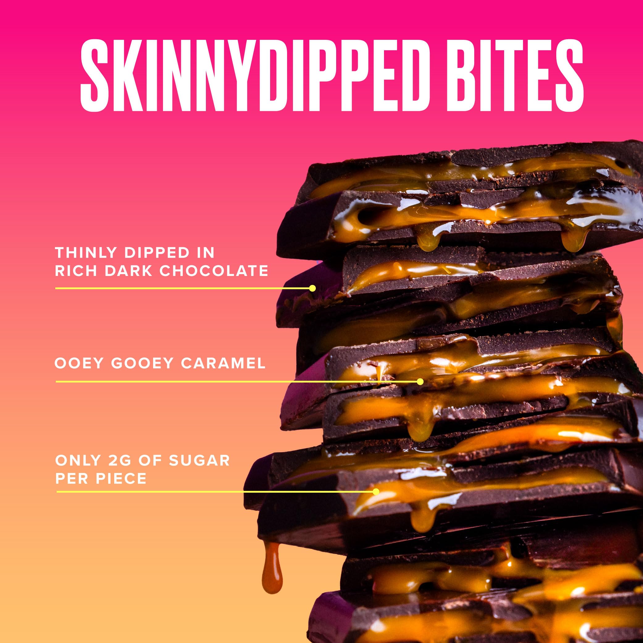 SkinnyDipped bite close-up demonstrates 2g sugar per piece and light sweetness.