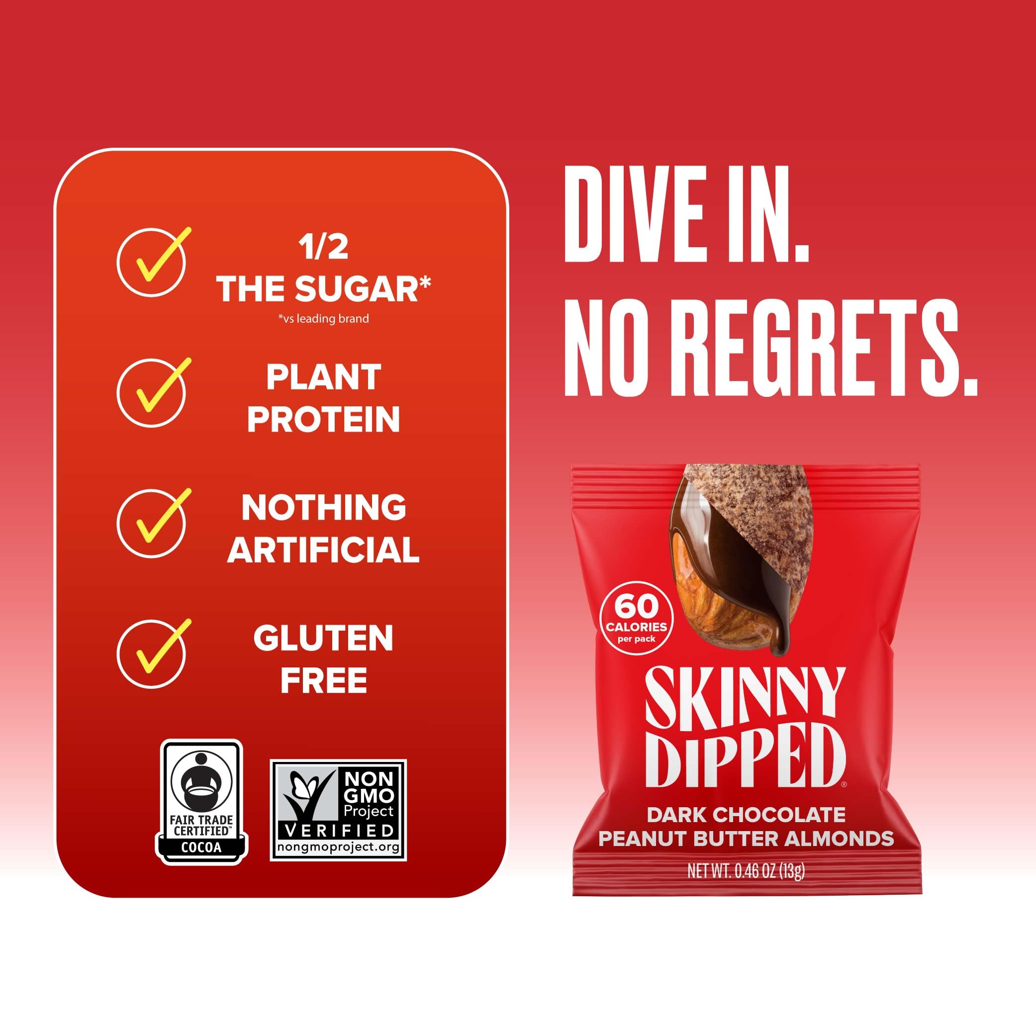 SkinnyDipped 60-calorie serving shown for portable snacking.
