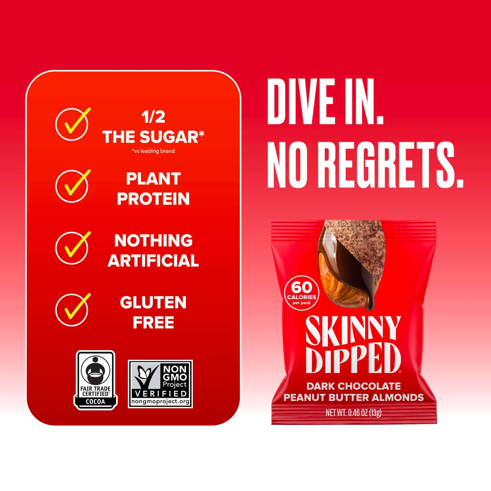 SkinnyDipped 60-calorie serving shown for portable snacking.