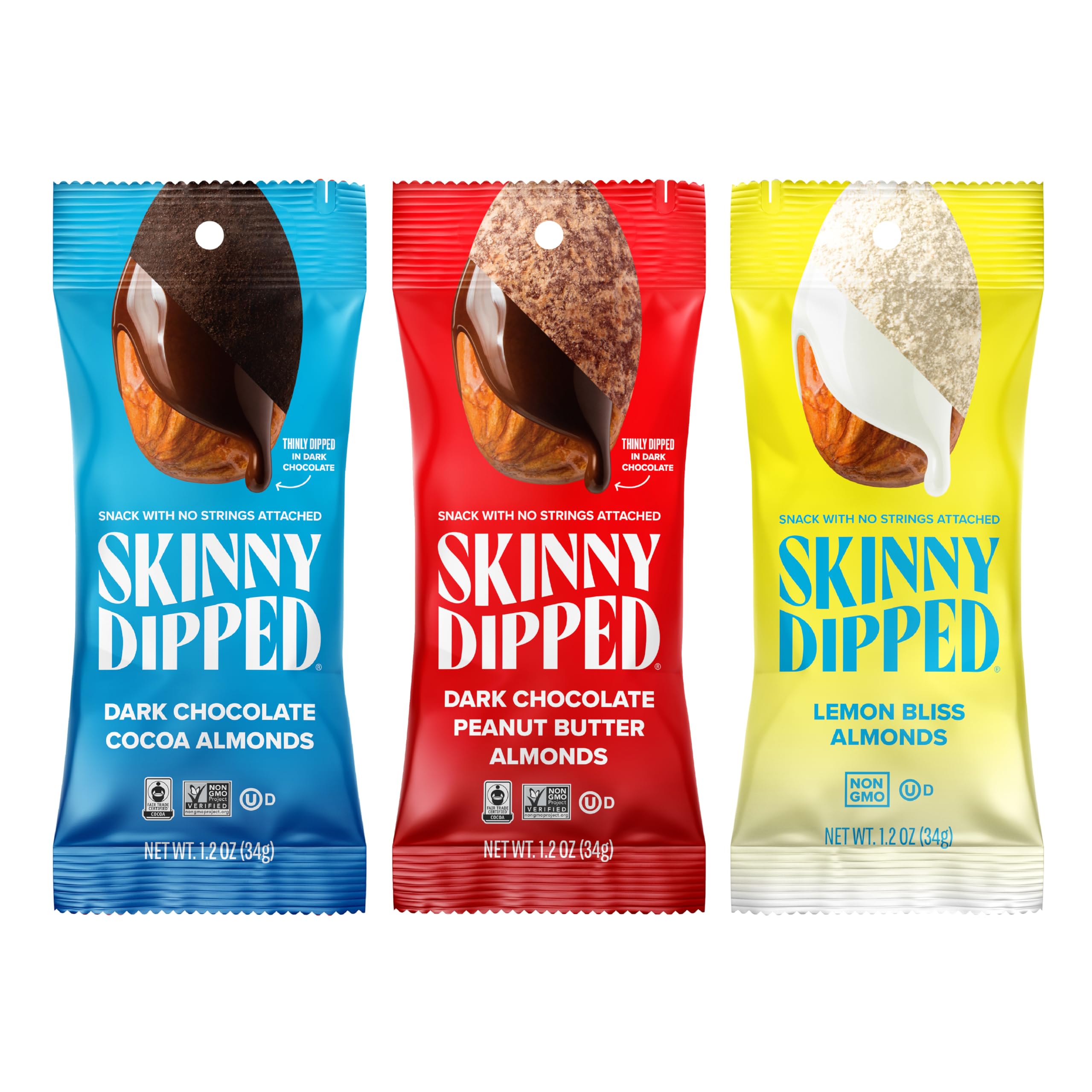 SKINNYDIPPED cocoa almond variety-pack bag—protein-rich, on-the-go snack.