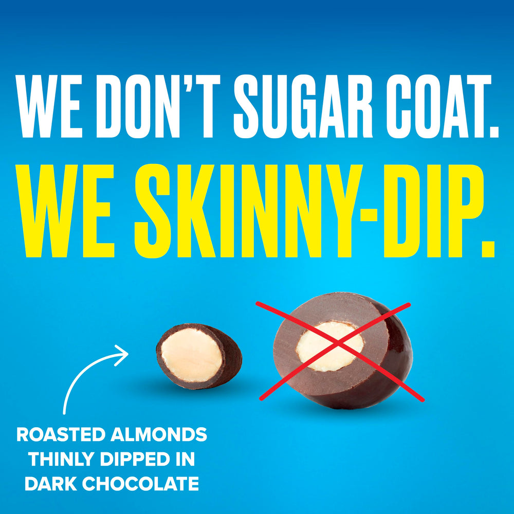 SkinnyDipped almonds in a glass bowl suggest snack-time simplicity and portion control.