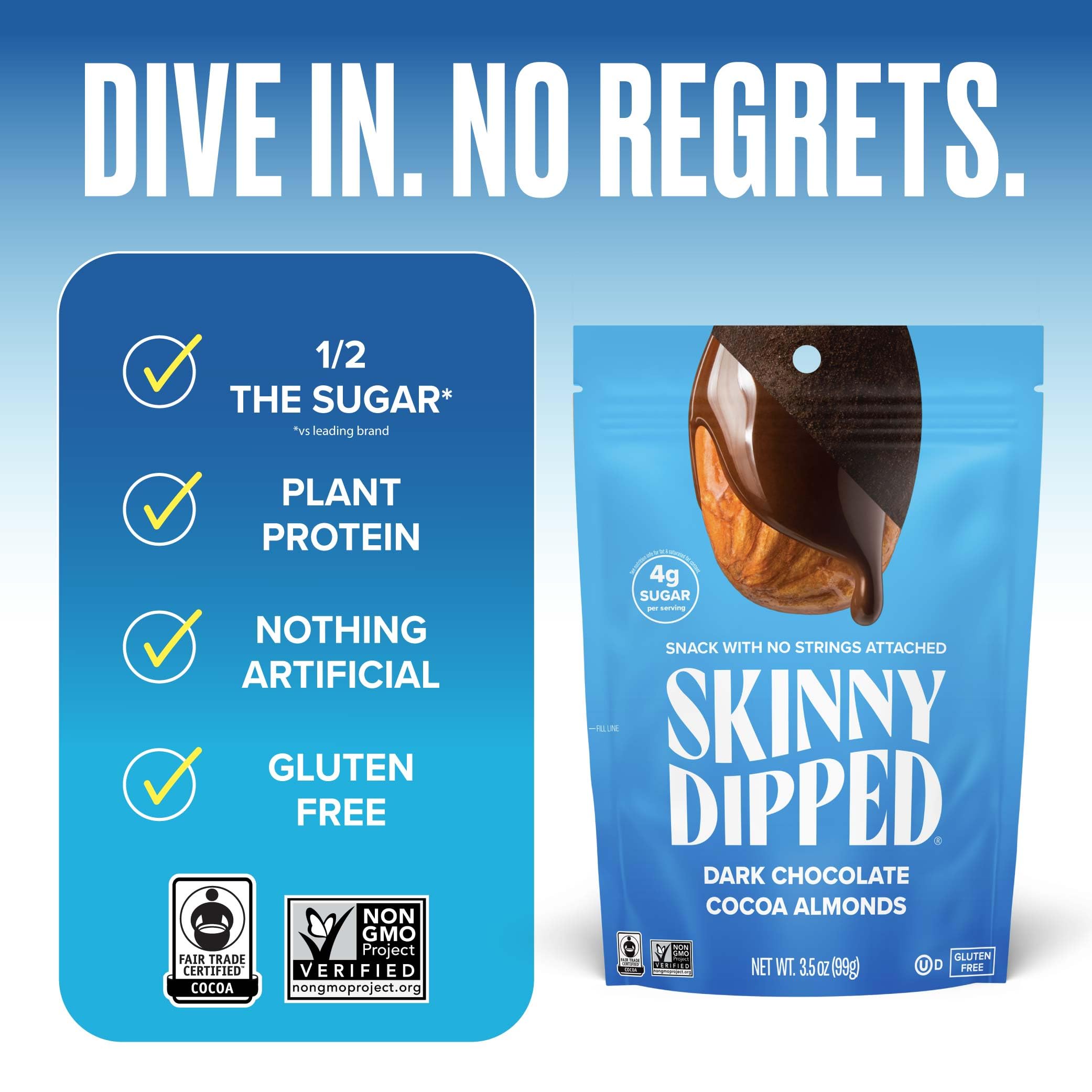 SkinnyDipped almonds nutrition panel shows 5g protein and 3g fiber.