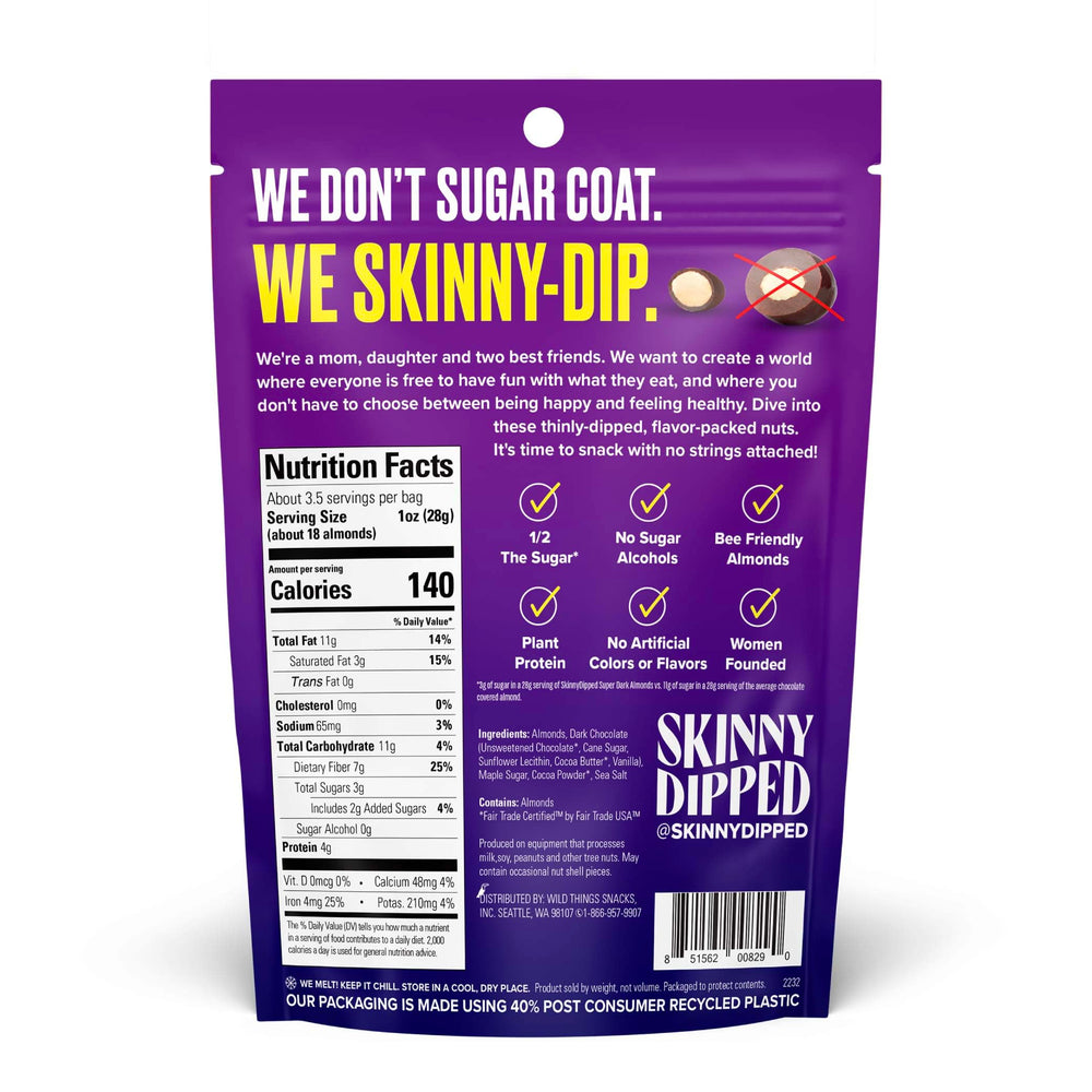 SkinnyDipped almonds with vegan chocolate coating for protein and fiber.
