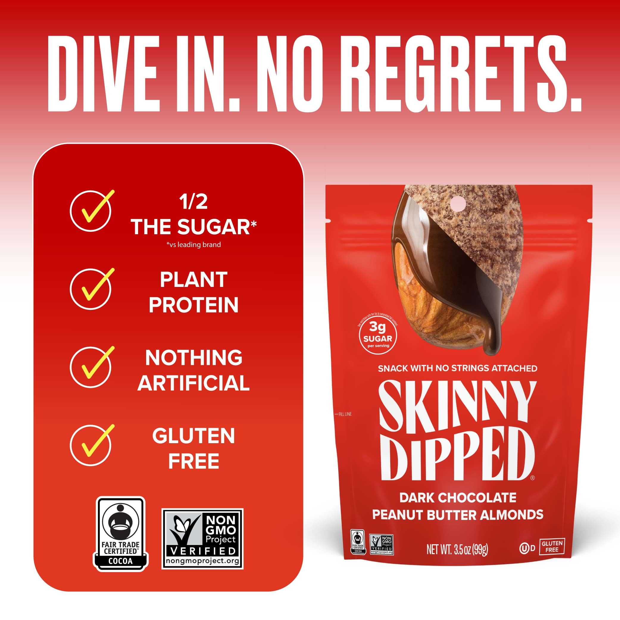 Open SkinnyDipped bag pouring a handful for quick energy.