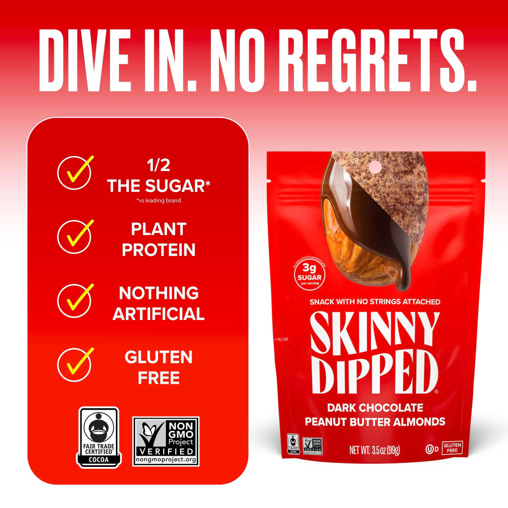Open SkinnyDipped bag pouring a handful for quick energy.